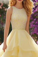 Load image into Gallery viewer, Sparkly Light Yellow A Line Beaded Long Prom Dress with Ruffled
