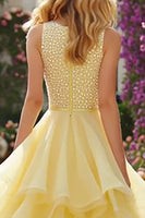 Load image into Gallery viewer, Sparkly Light Yellow A Line Beaded Long Prom Dress with Ruffled