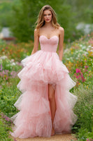 Load image into Gallery viewer, Light Pink Tulle Strapless Ruffled Long Corset Prom Dress with Slit