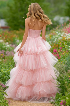 Light Pink Tulle Strapless Ruffled Long Corset Prom Dress with Slit
