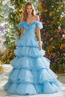 Load image into Gallery viewer, Princess Sky Blue Off the Shoulder A Line Long Prom Dress with Ruffles
