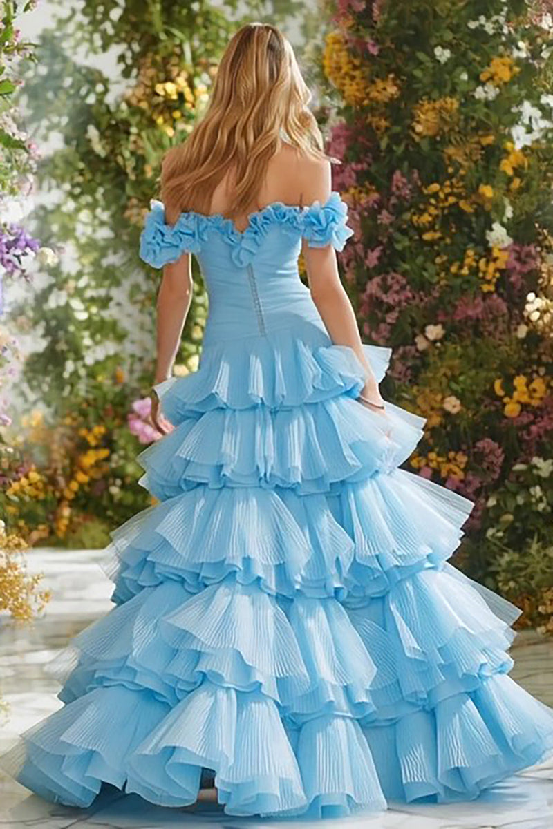 Load image into Gallery viewer, Princess Sky Blue Off the Shoulder A Line Long Prom Dress with Ruffles