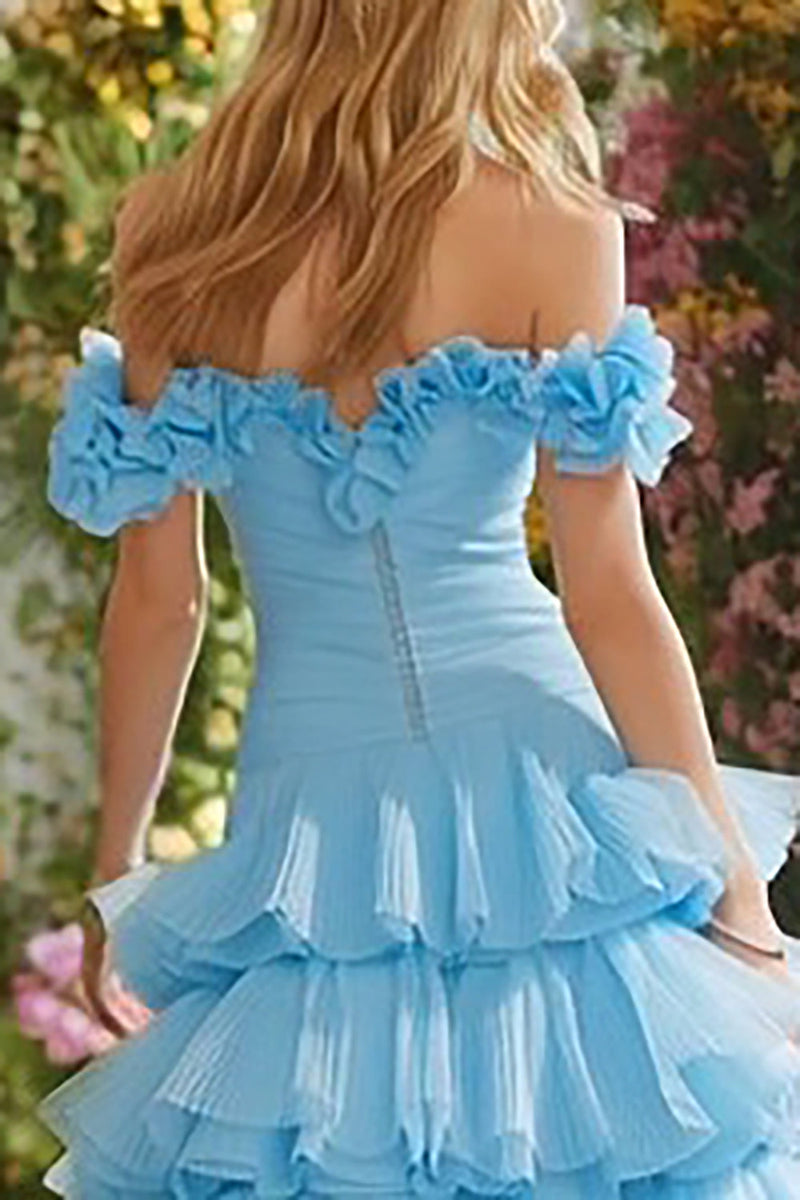 Load image into Gallery viewer, Princess Sky Blue Off the Shoulder A Line Long Prom Dress with Ruffles