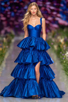 Load image into Gallery viewer, Princess Dark Blue A Line Ruffled Maxi Prom Dress with Slit