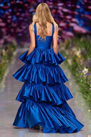 Load image into Gallery viewer, Princess Dark Blue A Line Ruffled Maxi Prom Dress with Slit