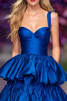 Load image into Gallery viewer, Princess Dark Blue A Line Ruffled Maxi Prom Dress with Slit