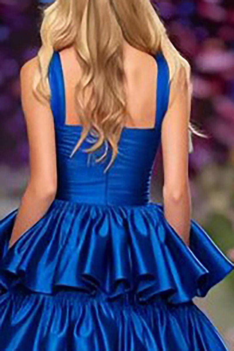 Load image into Gallery viewer, Princess Dark Blue A Line Ruffled Maxi Prom Dress with Slit