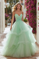 Load image into Gallery viewer, Princes Tulle Light Green Spaghetti Straps Long Prom Dress with Ruffles