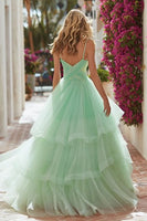 Load image into Gallery viewer, Princes Tulle Light Green Spaghetti Straps Long Prom Dress with Ruffles