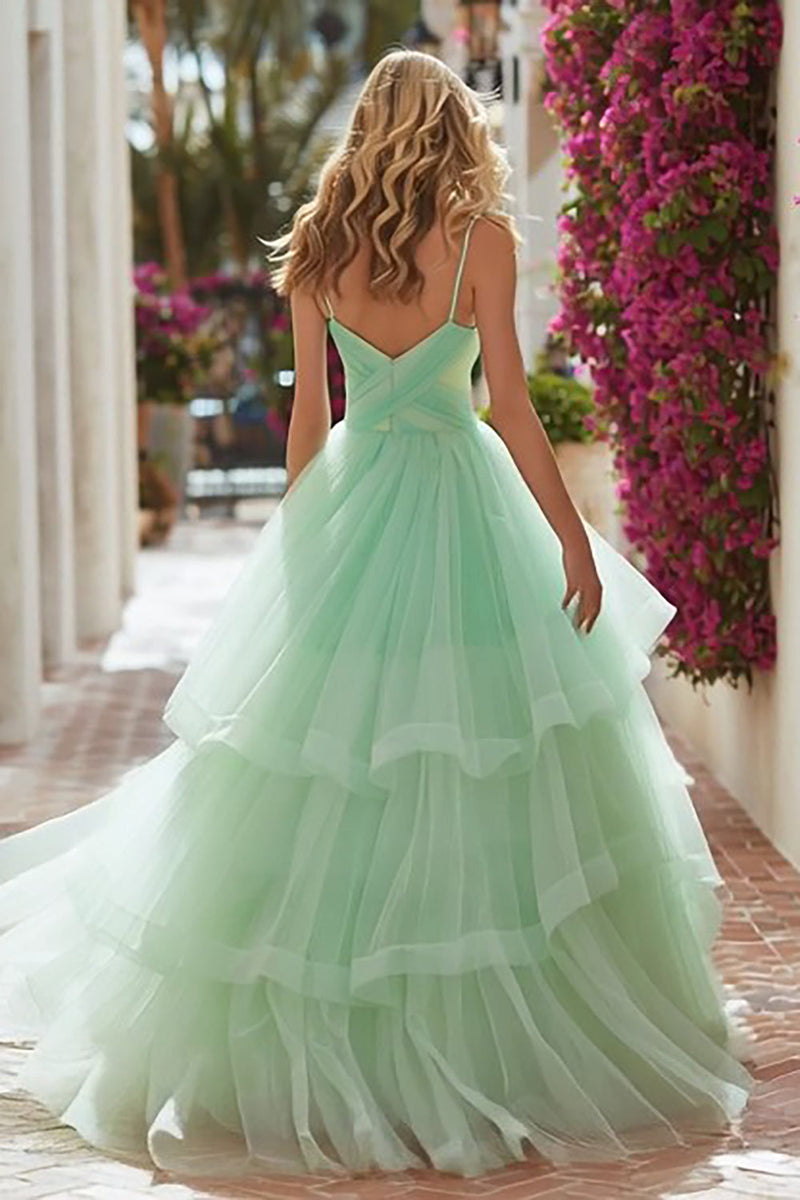 Load image into Gallery viewer, Princes Tulle Light Green Spaghetti Straps Long Prom Dress with Ruffles