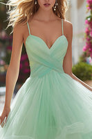 Load image into Gallery viewer, Princes Tulle Light Green Spaghetti Straps Long Prom Dress with Ruffles