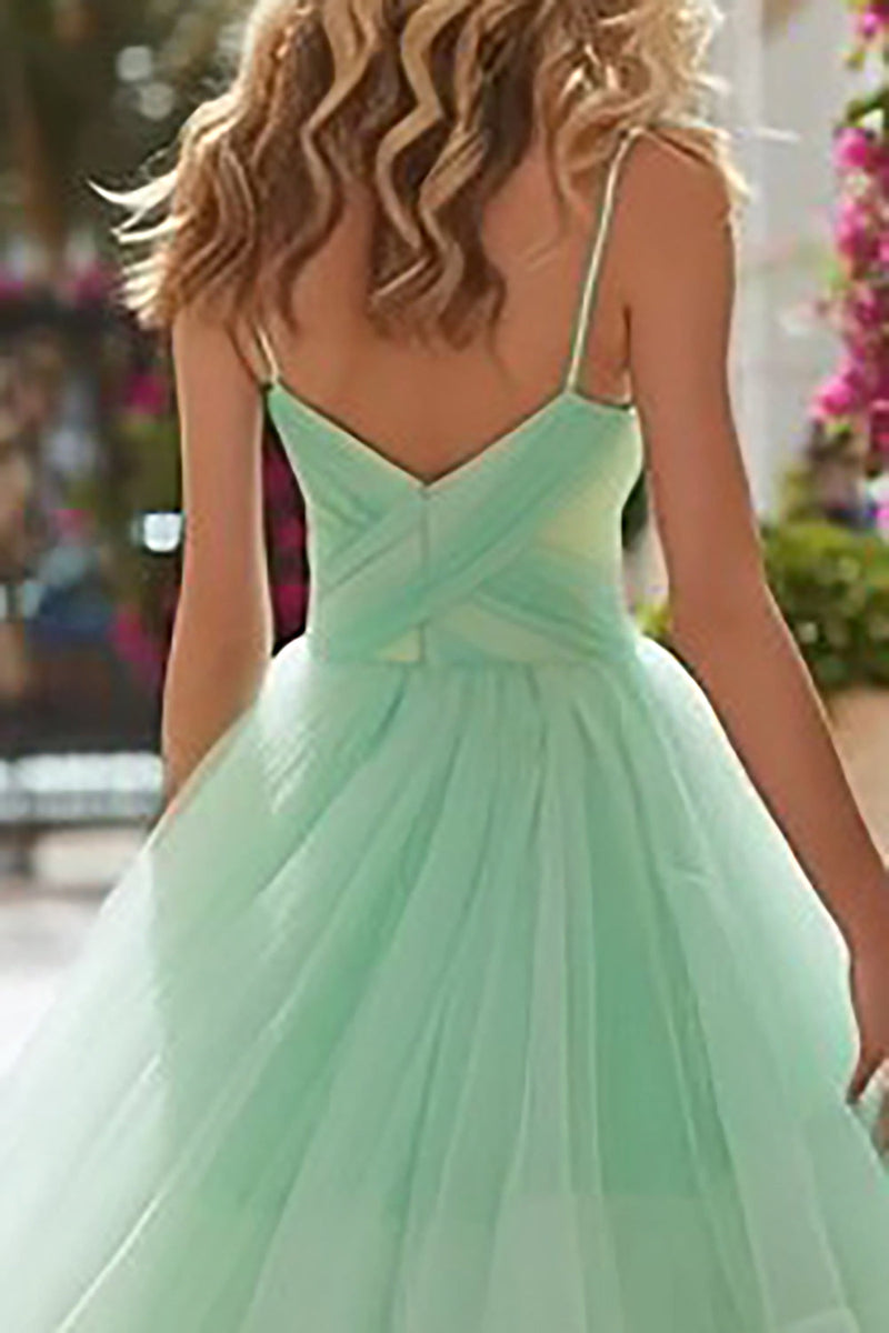 Load image into Gallery viewer, Princes Tulle Light Green Spaghetti Straps Long Prom Dress with Ruffles