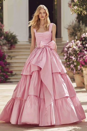 Princess Pink A Line Ruffled Long Prom Dress With Bow