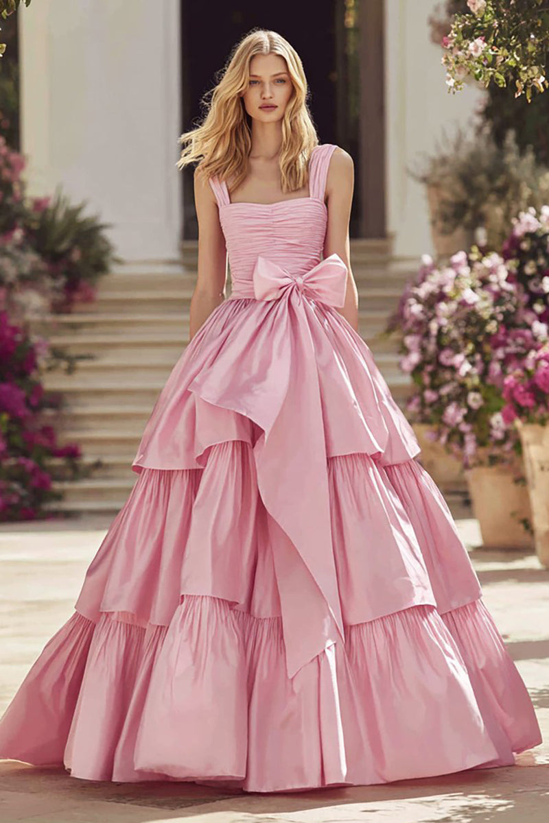 Load image into Gallery viewer, Princess Pink A Line Ruffled Long Prom Dress With Bow