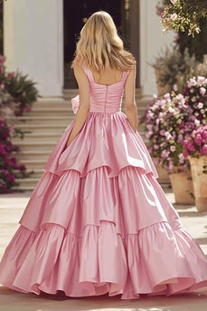 Princess Pink A Line Ruffled Long Prom Dress With Bow
