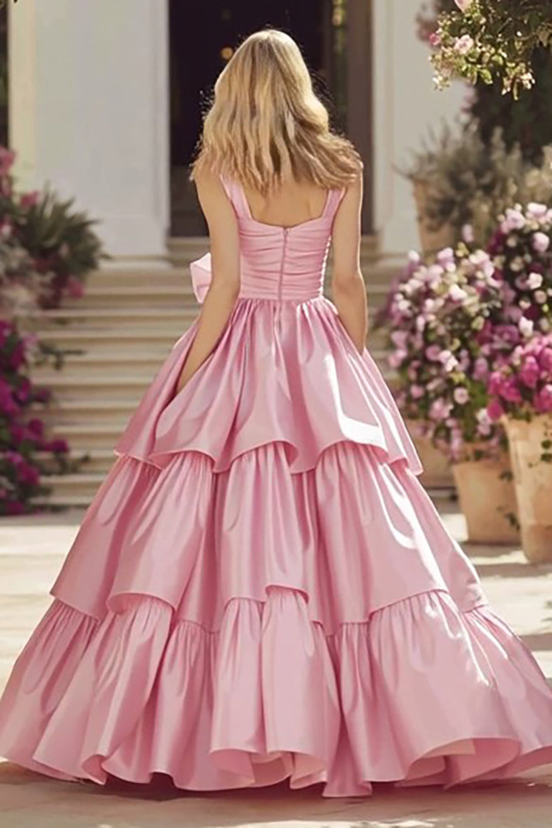 Load image into Gallery viewer, Princess Pink A Line Ruffled Long Prom Dress With Bow