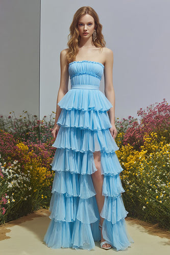 Sky Blue Strapless Ruffled Tiered Long Prom Dress with Slit