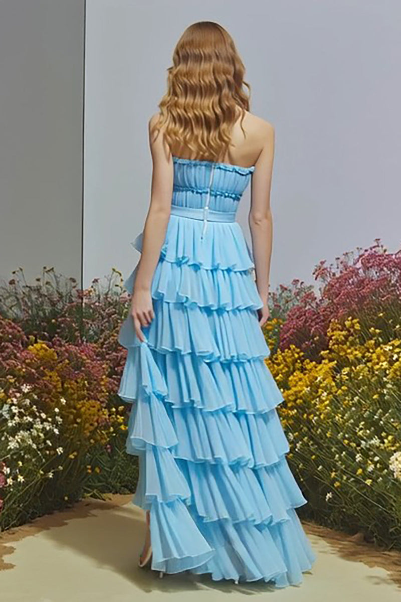 Load image into Gallery viewer, Sky Blue Strapless Ruffled Tiered Long Prom Dress with Slit