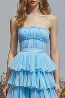 Load image into Gallery viewer, Sky Blue Strapless Ruffled Tiered Long Prom Dress with Slit