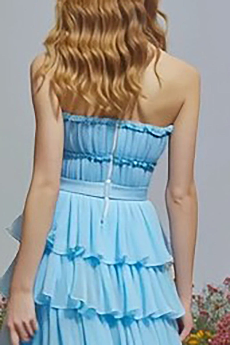 Load image into Gallery viewer, Sky Blue Strapless Ruffled Tiered Long Prom Dress with Slit