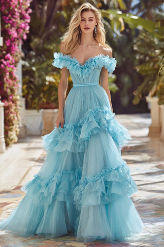 Princess Sky Blue Off the Shoulder A Line Long Prom Dress with Ruffles