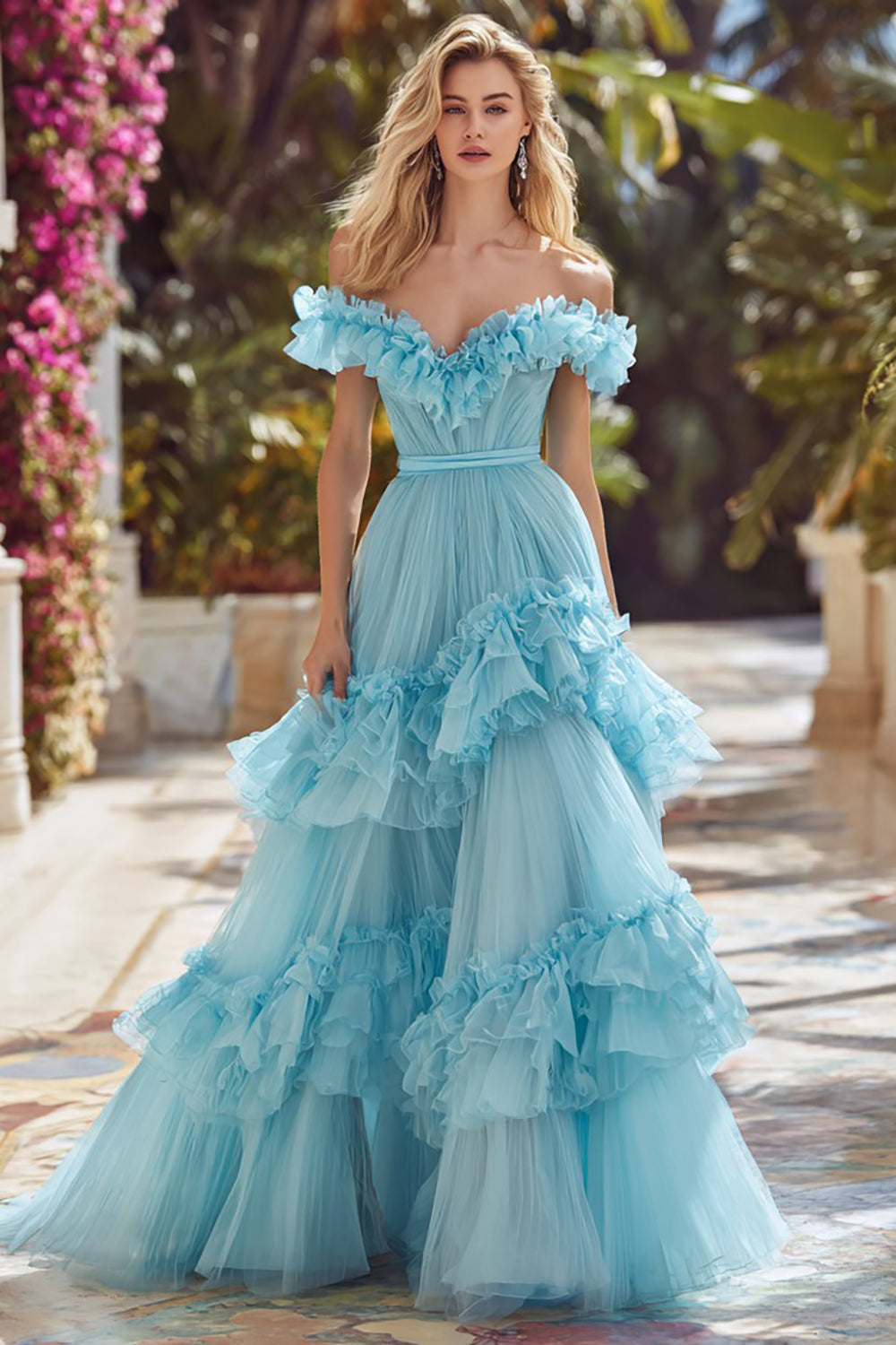Princess Sky Blue Off the Shoulder A Line Long Prom Dress with Ruffles