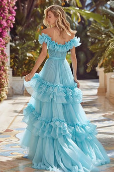 Princess Sky Blue Off the Shoulder A Line Long Prom Dress with Ruffles