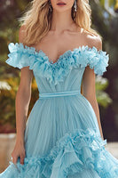 Load image into Gallery viewer, Princess Sky Blue Off the Shoulder A Line Long Prom Dress with Ruffles