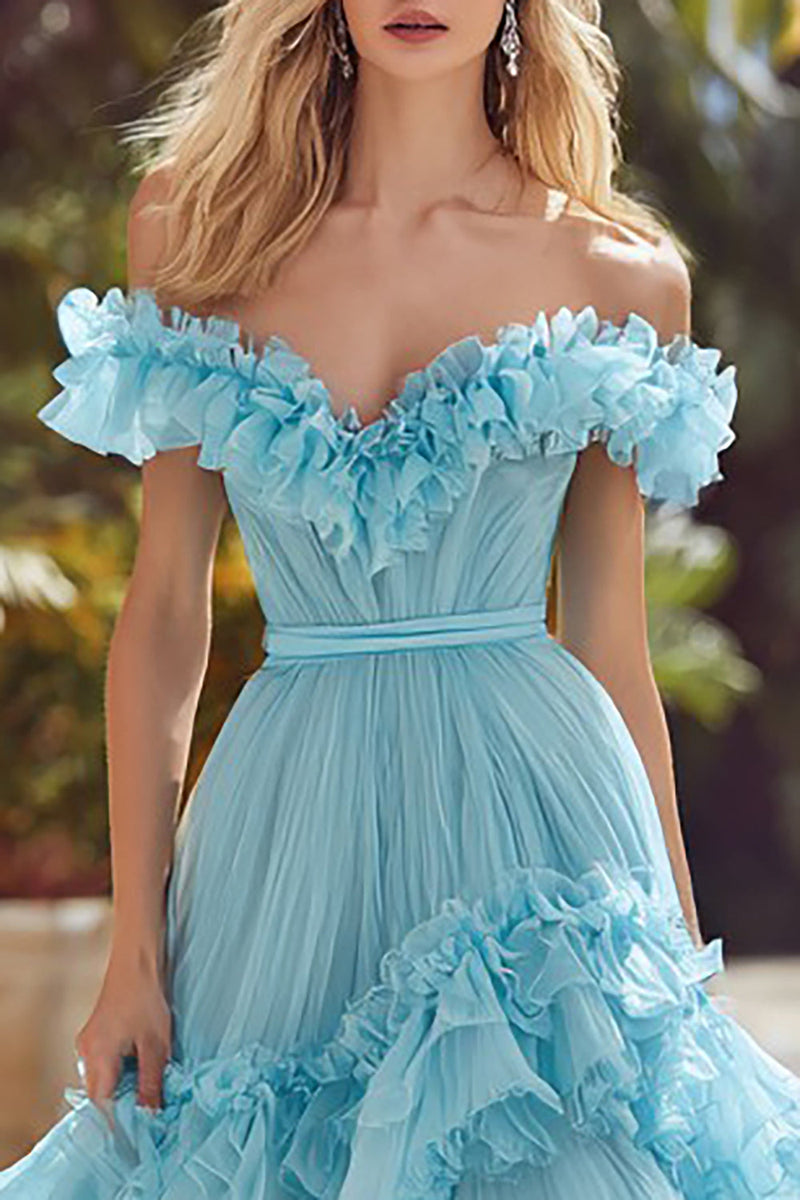 Load image into Gallery viewer, Princess Sky Blue Off the Shoulder A Line Long Prom Dress with Ruffles