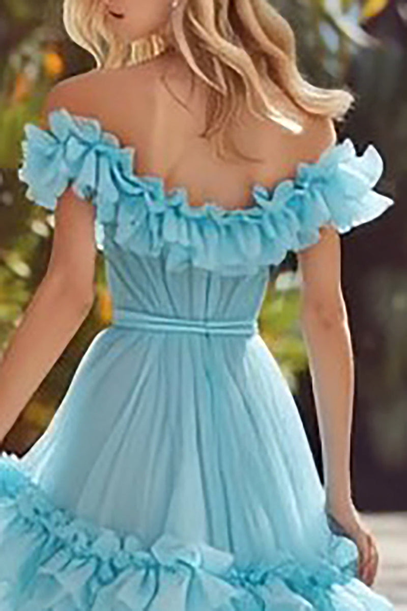 Load image into Gallery viewer, Princess Sky Blue Off the Shoulder A Line Long Prom Dress with Ruffles