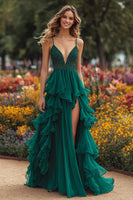 Load image into Gallery viewer, Sparkly Dark Green Princess Spaghetti Straps Ruffled Long Prom Dress with Slit