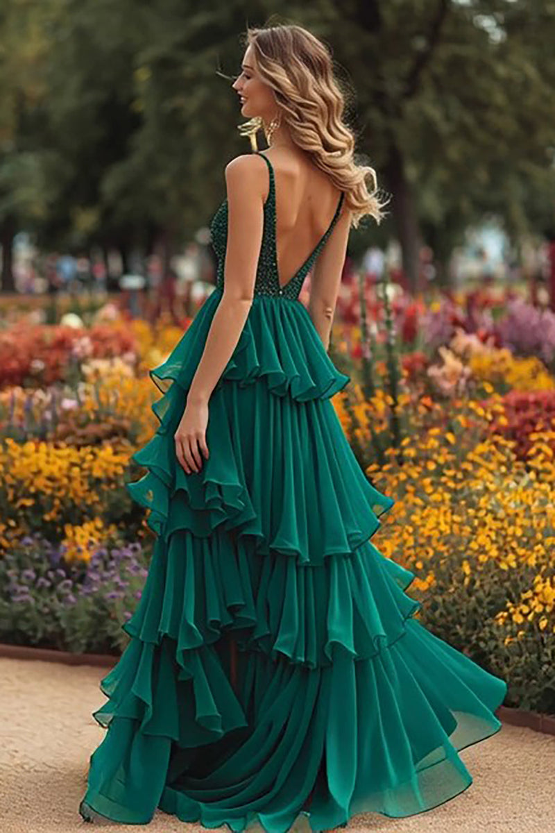Load image into Gallery viewer, Sparkly Dark Green Princess Spaghetti Straps Ruffled Long Prom Dress with Slit