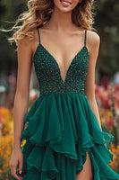 Load image into Gallery viewer, Sparkly Dark Green Princess Spaghetti Straps Ruffled Long Prom Dress with Slit