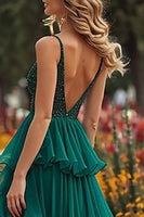 Load image into Gallery viewer, Sparkly Dark Green Princess Spaghetti Straps Ruffled Long Prom Dress with Slit