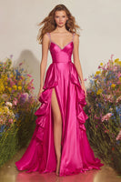 Load image into Gallery viewer, Sparkly Fuchsia A Line Satin Ruffled Long Prom Dress with Slit