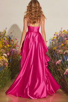 Load image into Gallery viewer, Sparkly Fuchsia A Line Satin Ruffled Long Prom Dress with Slit