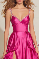 Load image into Gallery viewer, Sparkly Fuchsia A Line Satin Ruffled Long Prom Dress with Slit