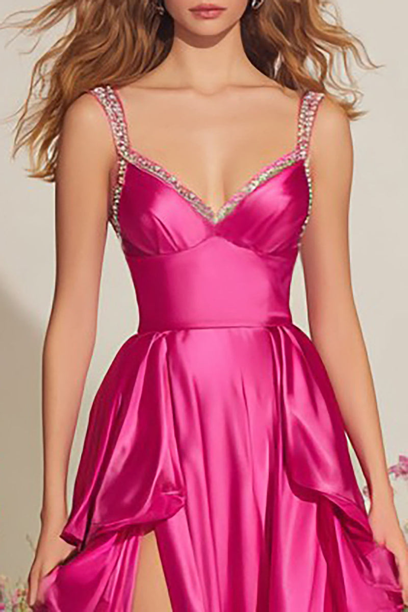 Load image into Gallery viewer, Sparkly Fuchsia A Line Satin Ruffled Long Prom Dress with Slit