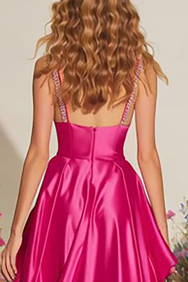 Load image into Gallery viewer, Sparkly Fuchsia A Line Satin Ruffled Long Prom Dress with Slit