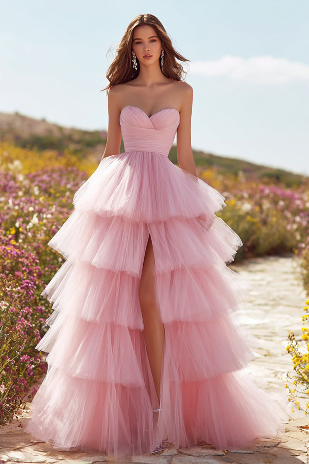 Princess Pink Tulle Sweetheart Long Prom Dress with Ruffles