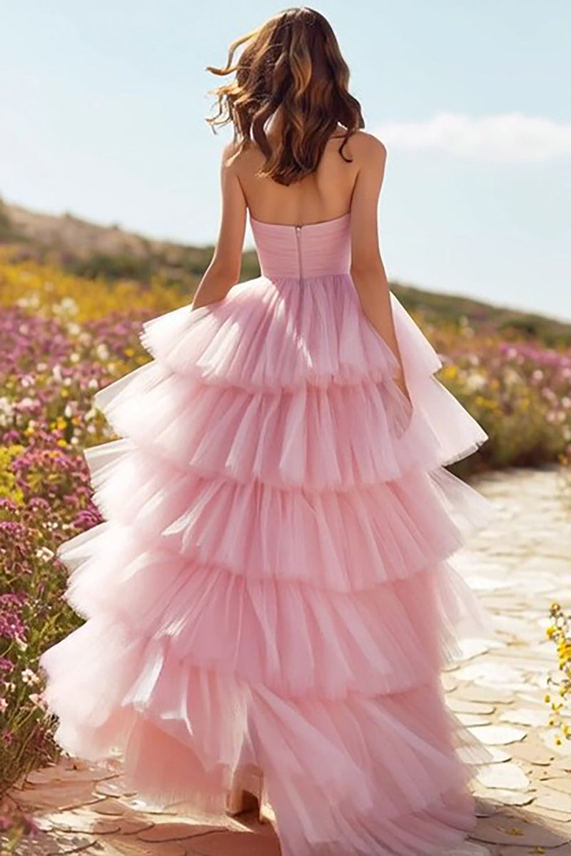Load image into Gallery viewer, Princess Pink Tulle Sweetheart Long Prom Dress with Ruffles