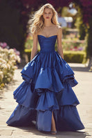 Load image into Gallery viewer, Princess Dark Blue Strapless Maxi Prom Dress with Ruffles