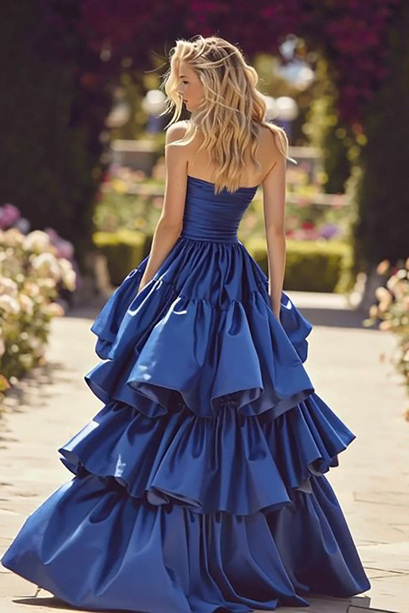 Load image into Gallery viewer, Princess Dark Blue Strapless Maxi Prom Dress with Ruffles