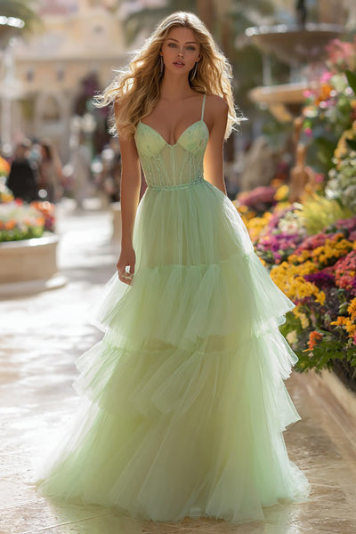 Princess Light Green Tulle A Line Long Corset Prom Dress with Ruffles