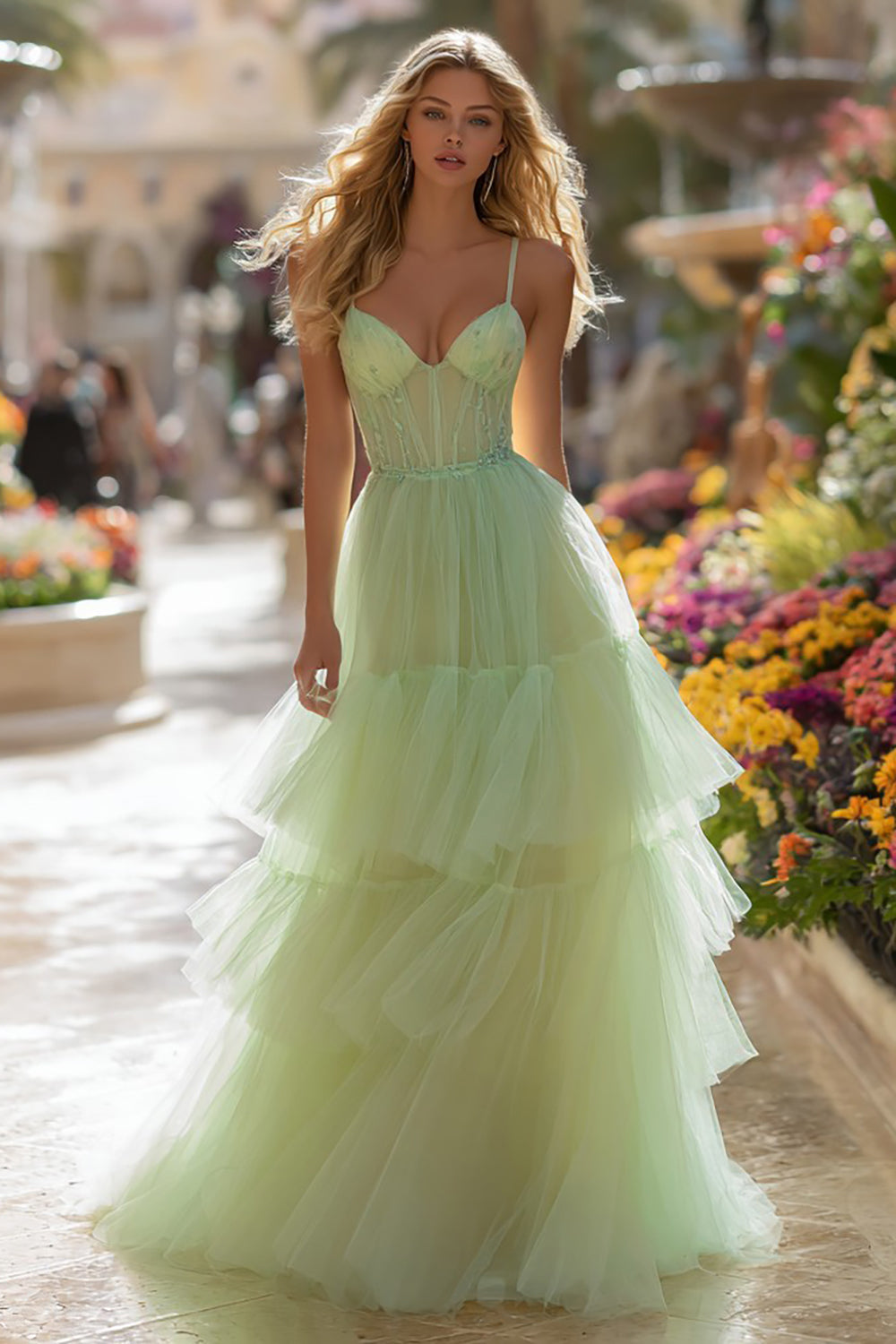 Princess Light Green Tulle A Line Long Corset Prom Dress with Ruffles
