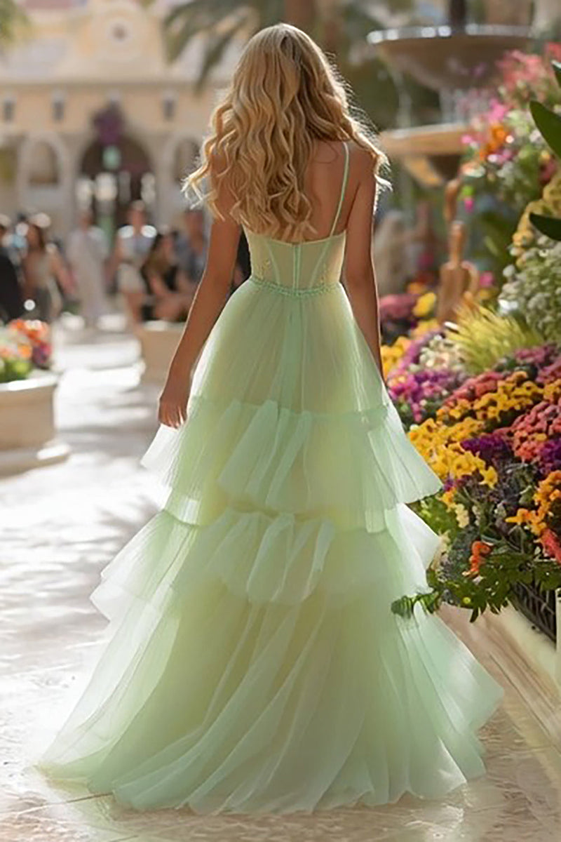 Load image into Gallery viewer, Princess Light Green Tulle A Line Long Corset Prom Dress with Ruffles