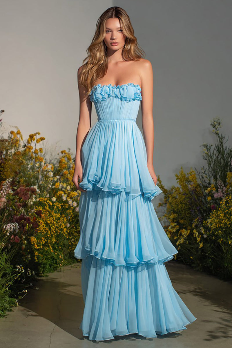 Load image into Gallery viewer, Sky Blue Strapless A-Line Tiered Maxi Prom Dress with Ruffles