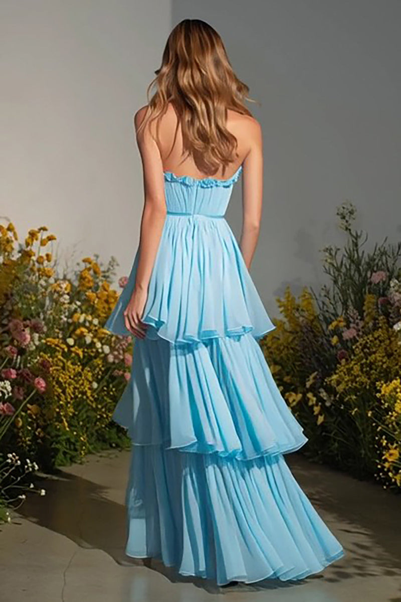 Load image into Gallery viewer, Sky Blue Strapless A-Line Tiered Maxi Prom Dress with Ruffles