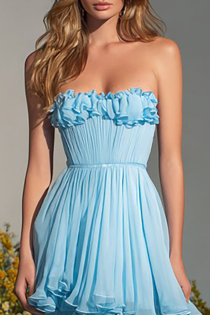 Load image into Gallery viewer, Sky Blue Strapless A-Line Tiered Maxi Prom Dress with Ruffles