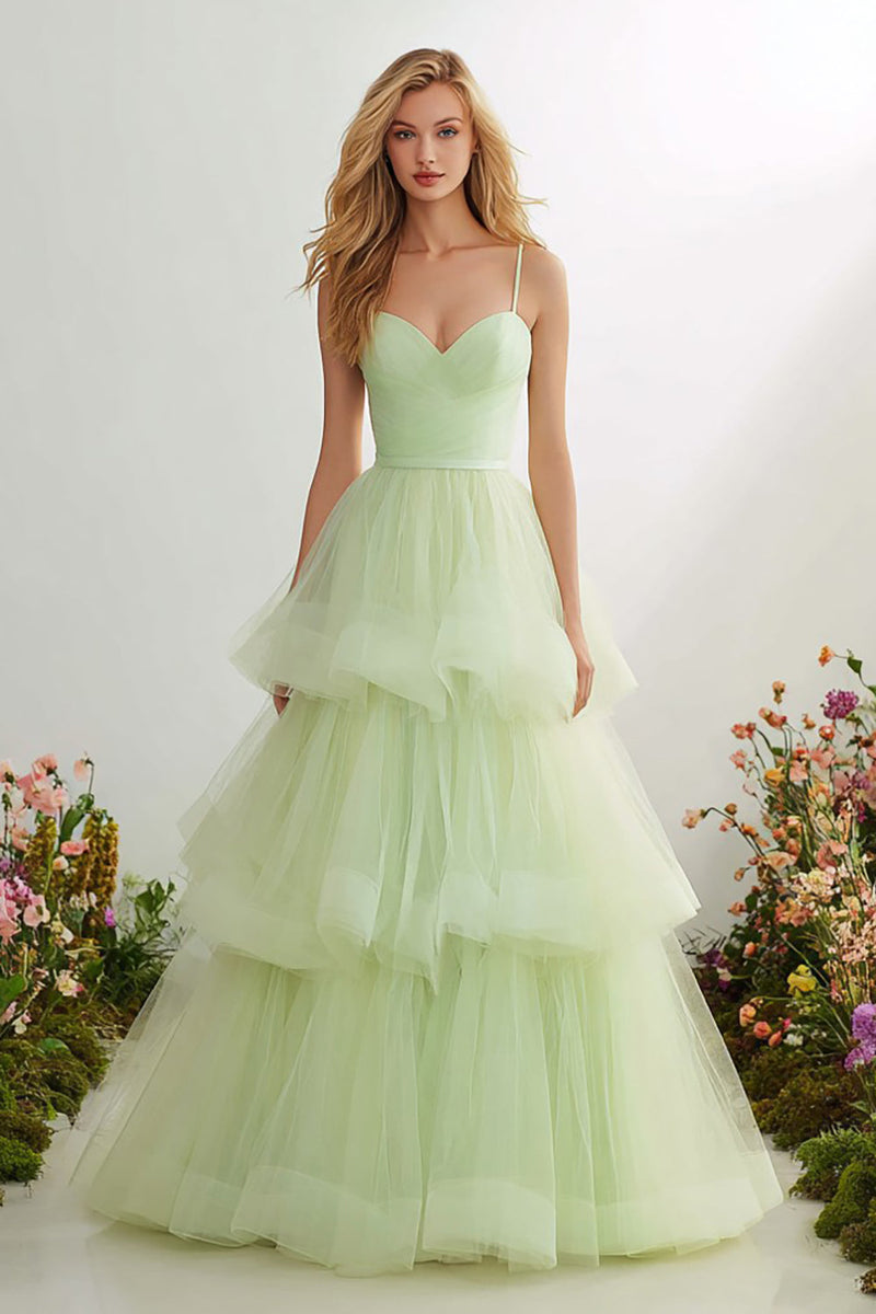 Load image into Gallery viewer, Princess Light Green A Line Tulle Long Prom Dress with Ruffles